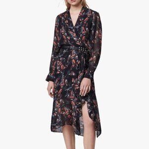 AllSaints Valero Fluttery Butterfly Midi Mid Length Dress Black
